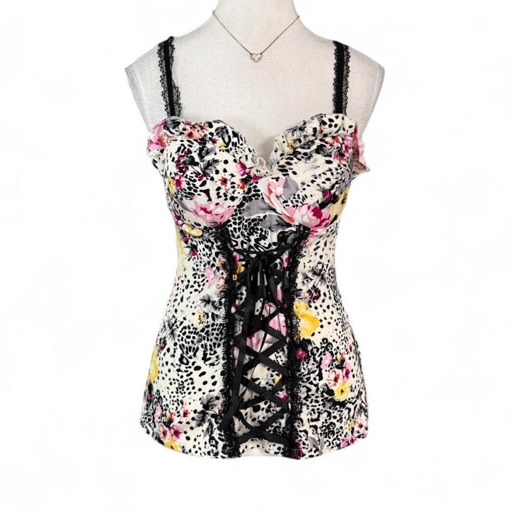 Y2K leopard print floral corset top black lace trim 96% Cotton Splash 2 Size M